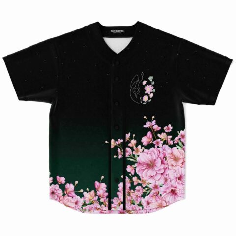 Cherry Blossom Rave baseball jersey, pink floral burst over starry black-to-green fade, front view
