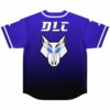Back view of royal blue starfield jersey with geometric wolf head and DLC text