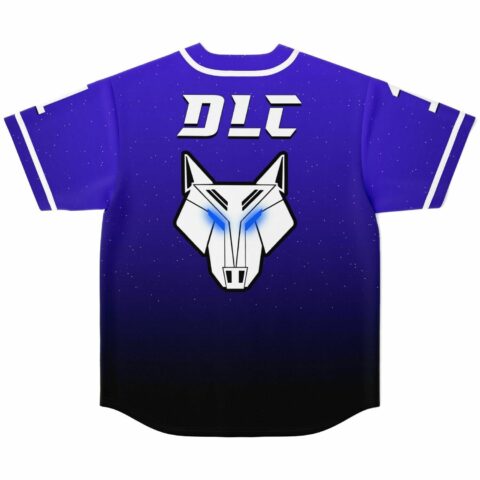 Back view of royal blue starfield jersey with geometric wolf head and DLC text