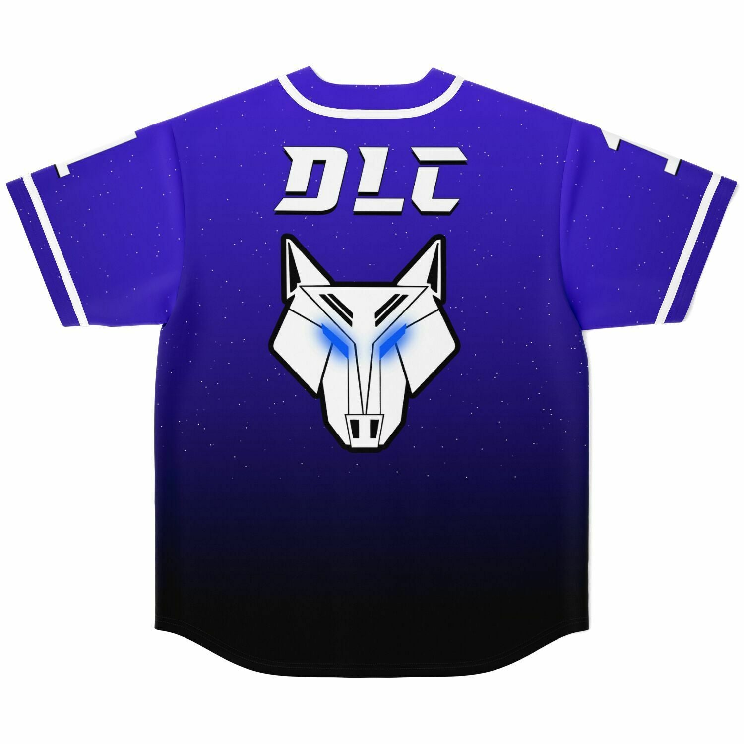 A purple Raul custom Baseball Jersey with an image of a wolf on it.