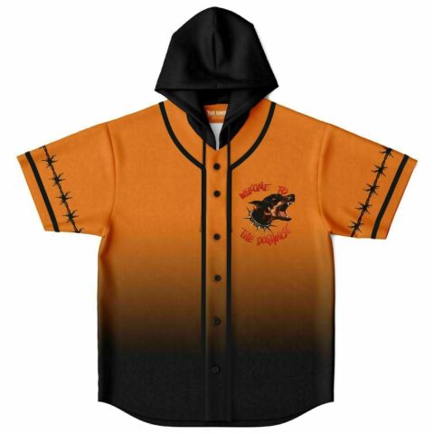Orange to black ombre hooded baseball jersey with snarling rottweiler graphic and Welcome