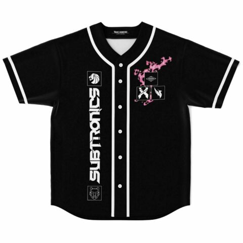 Black bass-inspired baseball jersey with pink smoke graphic and Subtronics text down front placket