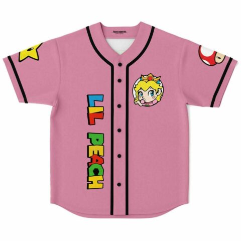 Pink baseball jersey with game-inspired princess chibi patch and colorful Lil Peach text front view