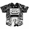 Hallow-Tapes cassette design on back of Halloween baseball jersey with bats and spiderwebs, laid flat