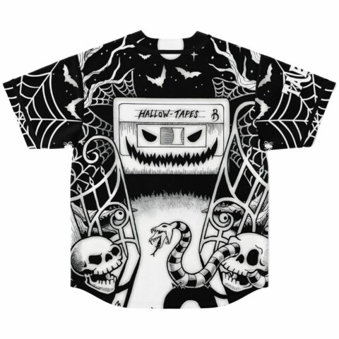 Hallow-Tapes cassette design on back of Halloween baseball jersey with bats and spiderwebs, laid flat