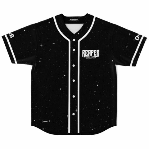 Black starfield rave baseball jersey with Reaper Challenger text front view