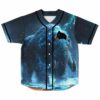 Front view of icy blue lightning mammoth rave baseball jersey with black button placket