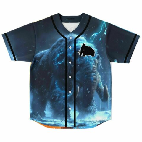 Front view of icy blue lightning mammoth rave baseball jersey with black button placket