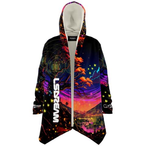 Front view of psychedelic dusk rave cloak with glowing tree and sacred geometry design