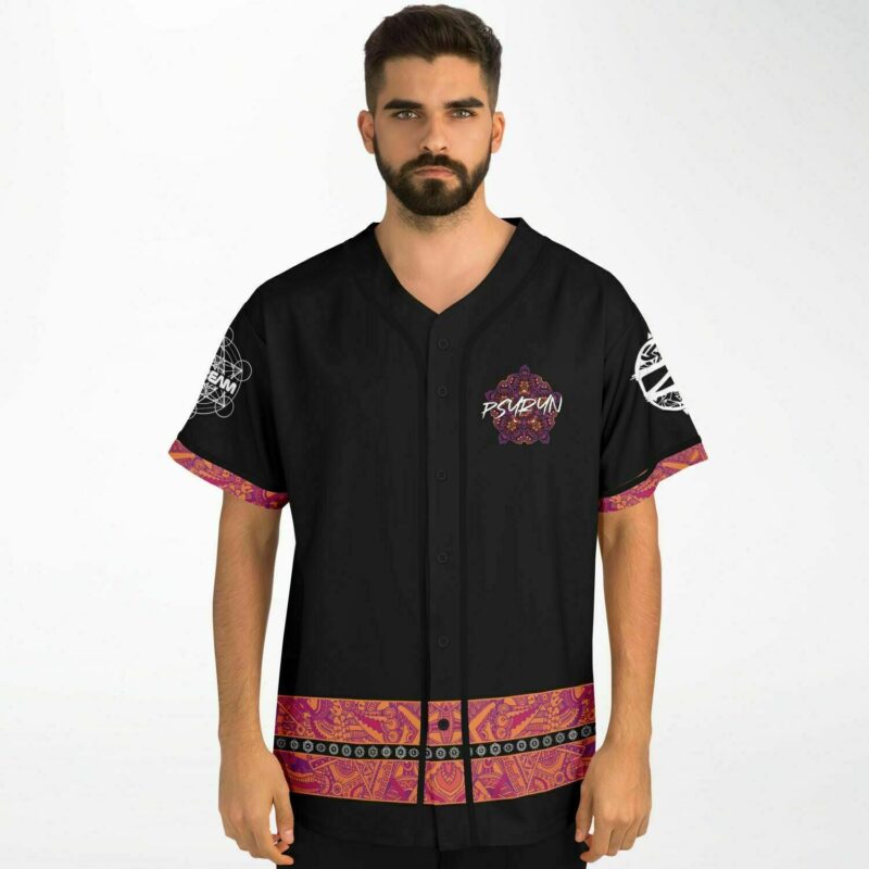 A man wearing a Ryan custom Baseball Jersey with a pink and black pattern.