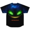 Back view of rave baseball jersey featuring glowing green eyes and golden teeth grin