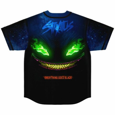 Back view of rave baseball jersey featuring glowing green eyes and golden teeth grin