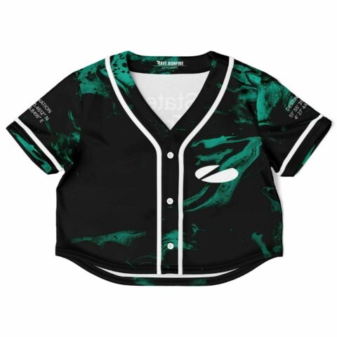 Cropped baseball jersey with green marbled design and black base