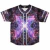 Front view of purple cyber kaleidoscope rave baseball jersey with glowing X design, X-Rated patch