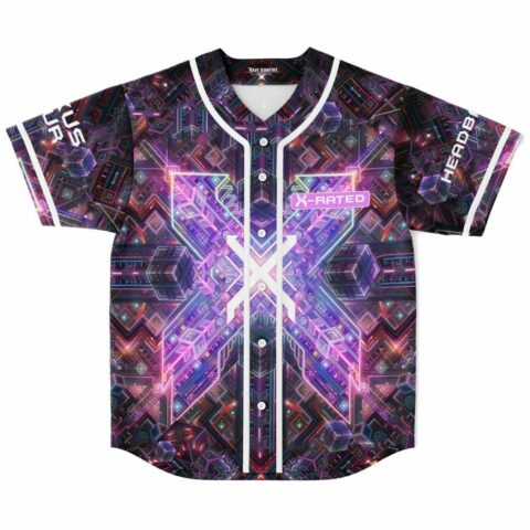 Front view of purple cyber kaleidoscope rave baseball jersey with glowing X design, X-Rated patch