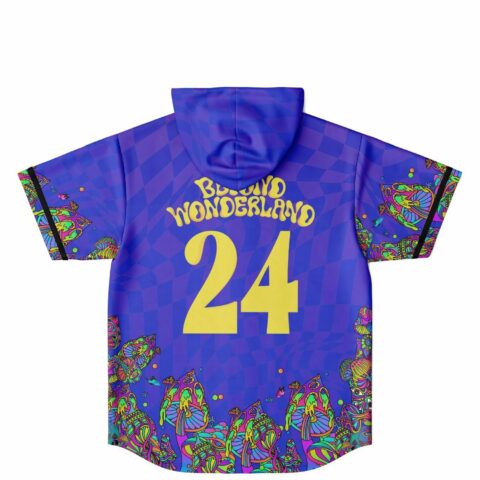 Back view of purple hooded jersey with Beyond Wonderland 24 text over melting mushroom trim