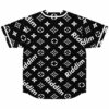 Back view of black baseball jersey showing repeating monogram pattern and Riddim lettering