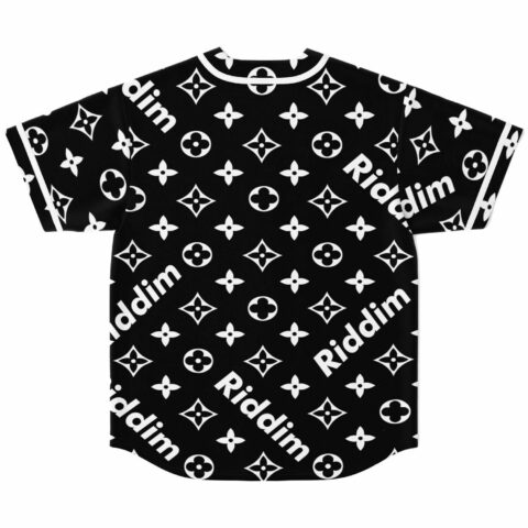 Back view of black baseball jersey showing repeating monogram pattern and Riddim lettering