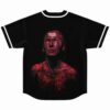 Back view of black baseball jersey with blood red horror portrait graphic and vnth text