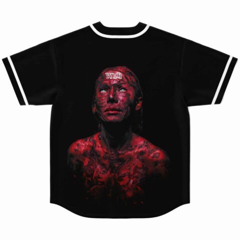 Back view of black baseball jersey with blood red horror portrait graphic and vnth text