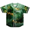 Green and gold alcohol ink baseball jersey with Quake logo front view