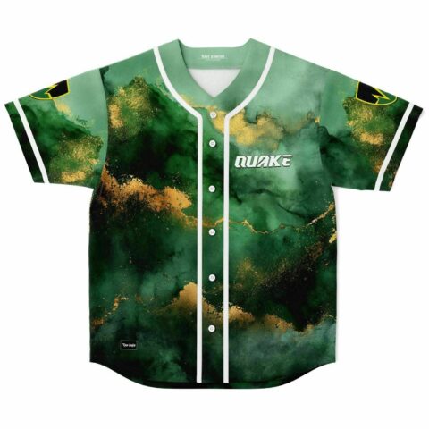 Green and gold alcohol ink baseball jersey with Quake logo front view