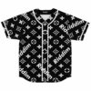 Black rave baseball jersey with white monogram print and diagonal Riddim text front view