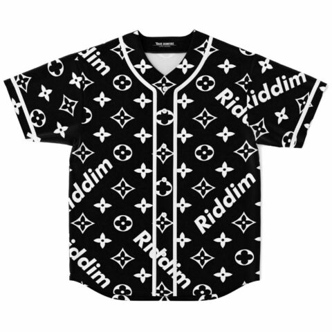 Black rave baseball jersey with white monogram print and diagonal Riddim text front view