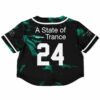 Back view of the rave cropped baseball jersey with large white text and a custom number