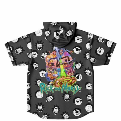Hooded jersey back print featuring animated sci-fi crew graphic over cartoon face pattern