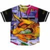 Anime rave baseball jersey back print: giant fanged beast with spiral eyes over city