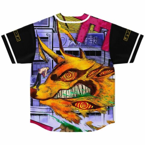 Anime rave baseball jersey back print: giant fanged beast with spiral eyes over city
