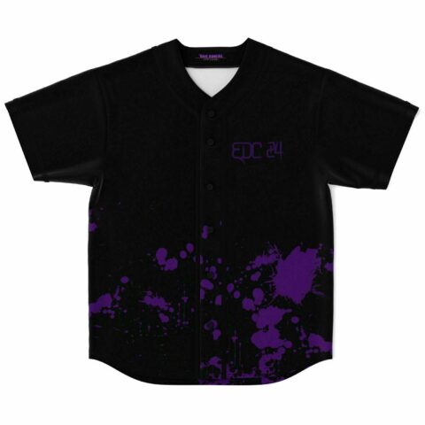 Black baseball jersey with purple paint splatter print and EDC 24 text, front view