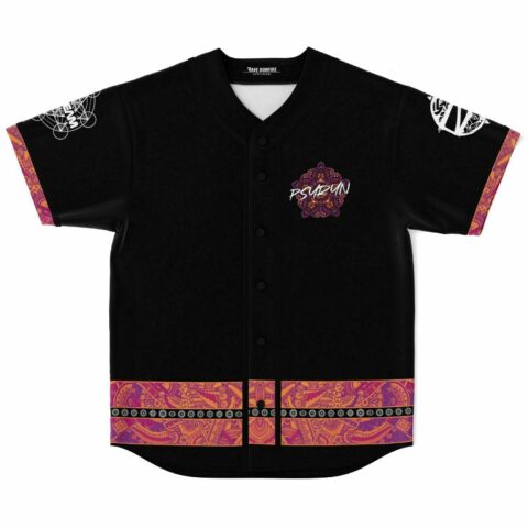 Black psychedelic mandala rave jersey laid flat showing front buttons and patterned hem