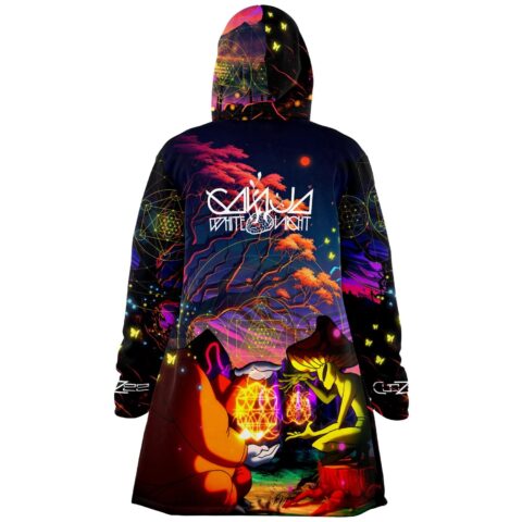 Back view showing mystical creatures exchanging glowing crystal orbs beneath orange tree canopy