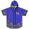 Purple hooded baseball jersey with psychedelic melting mushroom print and gold BW logo on chest