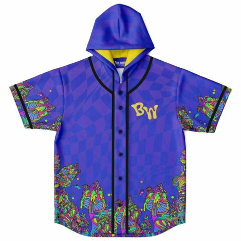 Purple hooded baseball jersey with psychedelic melting mushroom print and gold BW logo on chest