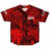 Red and black horror-themed rave baseball jersey with dense demonic creature print front view