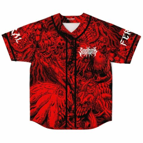 Red and black horror-themed rave baseball jersey with dense demonic creature print front view
