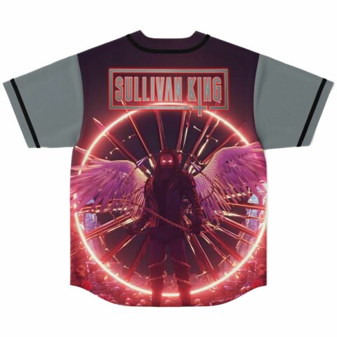 Winged armored figure print with glowing red halo on grey rave baseball jersey back view