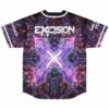 Back view of bass-inspired jersey with glowing X graphic and festival-themed sleeve text