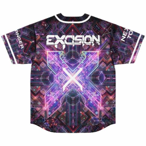 Back view of bass-inspired jersey with glowing X graphic and festival-themed sleeve text