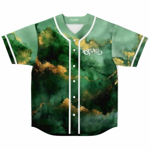 Green watercolor marble rave baseball jersey, gold accents, Of The Trees text, front view