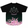 Cherry blossom rave jersey back view showing lotus emblem above pink blossom hem design