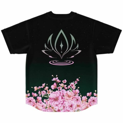 Cherry blossom rave jersey back view showing lotus emblem above pink blossom hem design