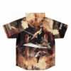 Anime-inspired sword fighter graphic on brown hooded baseball jersey back view flat lay