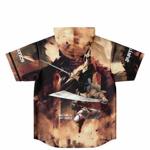 Anime-inspired sword fighter graphic on brown hooded baseball jersey back view flat lay