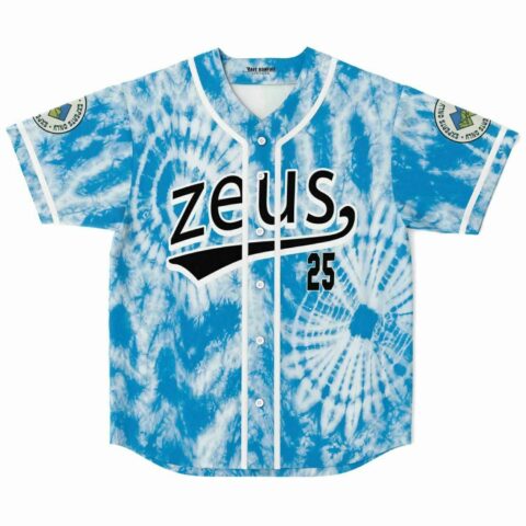 Sky blue spiral tie dye rave baseball jersey with zeus script and number 25 front