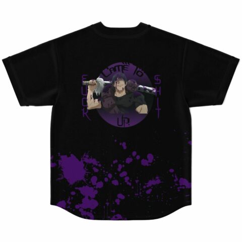 Back view of jersey with anime-inspired sword fighter graphic and came to shit up text