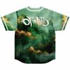 Of The Trees emerald watercolor baseball jersey, back view, gold splatter design, white piping